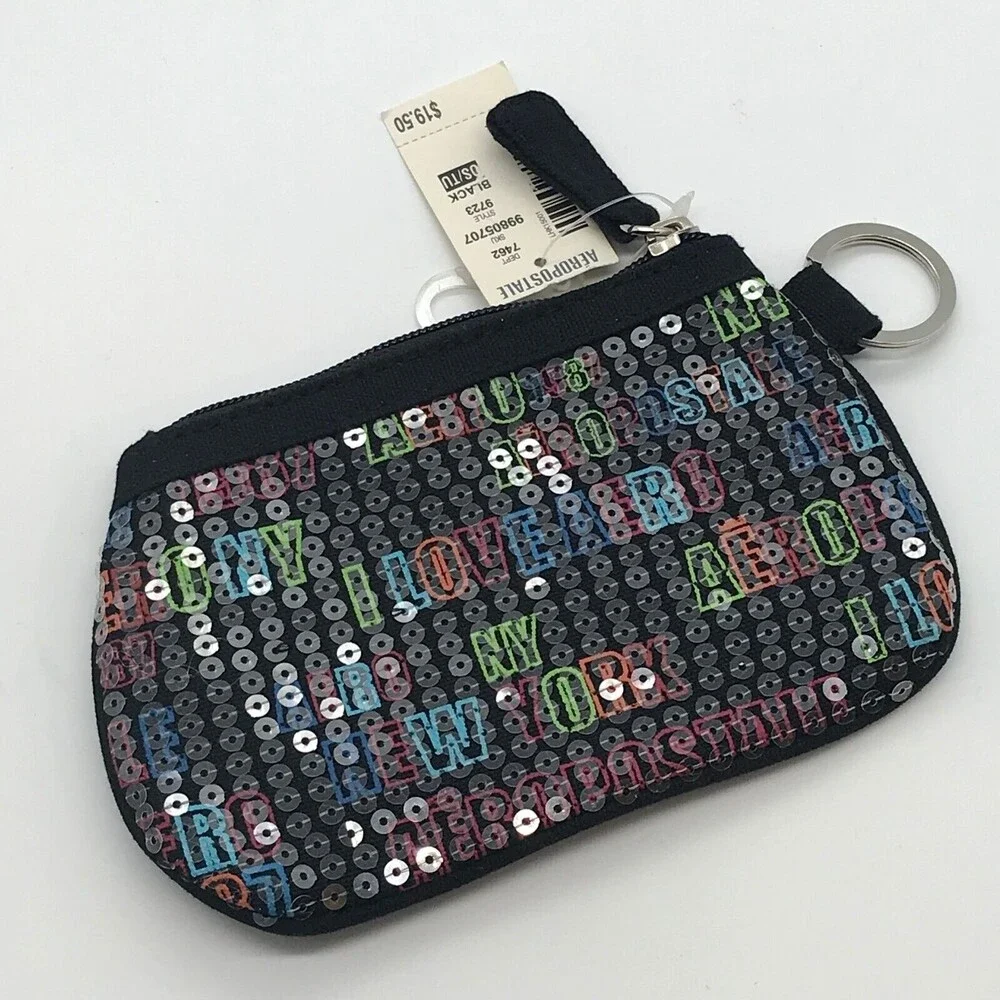 Aéropostale Makeup Bag Black Sequined I Love Aero Zippered Cosmetic Pouch NWT